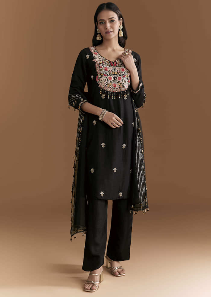 Black Silk Kurta Set With Zardosi And Resham Embroidery