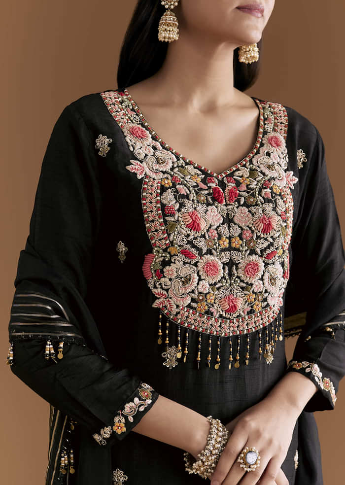 Black Silk Kurta Set With Zardosi And Resham Embroidery