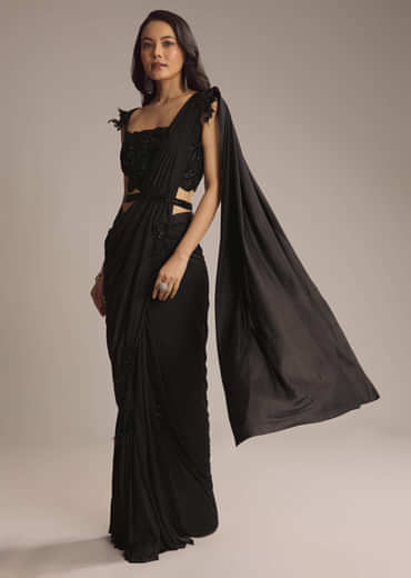 Black Silk Ready Pleated Saree With Cutdana Work