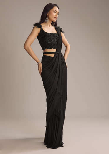 Black Silk Ready Pleated Saree With Cutdana Work