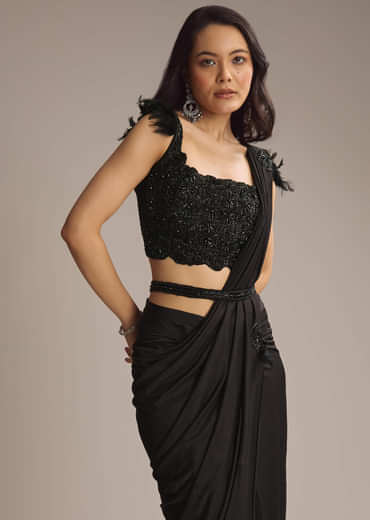 Black Silk Ready Pleated Saree With Cutdana Work