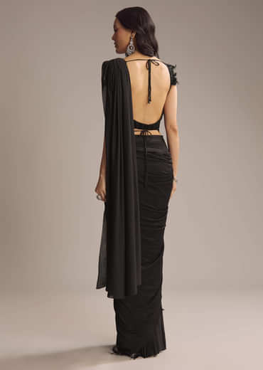 Black Silk Ready Pleated Saree With Cutdana Work