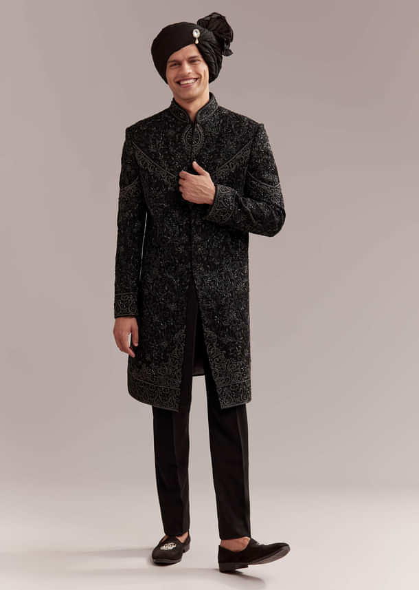 Black Silk Sherwani For Groom With Intricate Embroidery