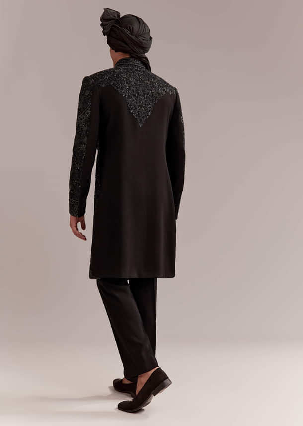 Black Silk Sherwani For Groom With Intricate Embroidery