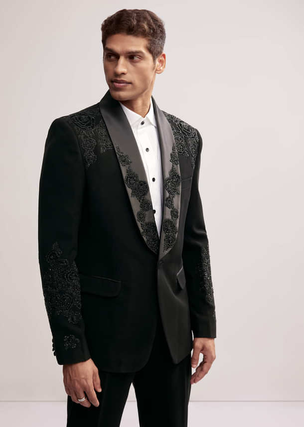 Black Tuxedo For Men With Cut Work Shawl Collar Black Tuxedo For Men With Cut Work Shawl Collar