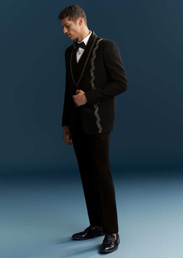 Black Tuxedo For Men With Cutdana Embroidery Black Tuxedo For Men With Cutdana Embroidery