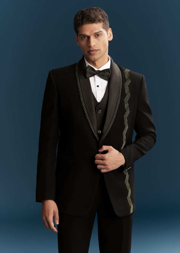 Black Tuxedo For Men With Cutdana Embroidery Black Tuxedo For Men With Cutdana Embroidery