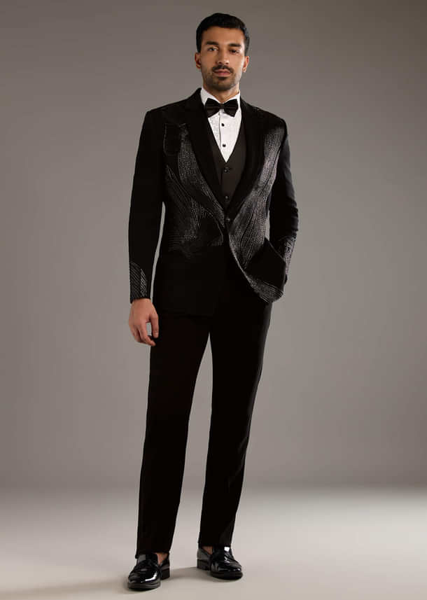 Black Tuxedo For Men With Leather And Dori Work Black Tuxedo For Men With Leather And Dori Work
