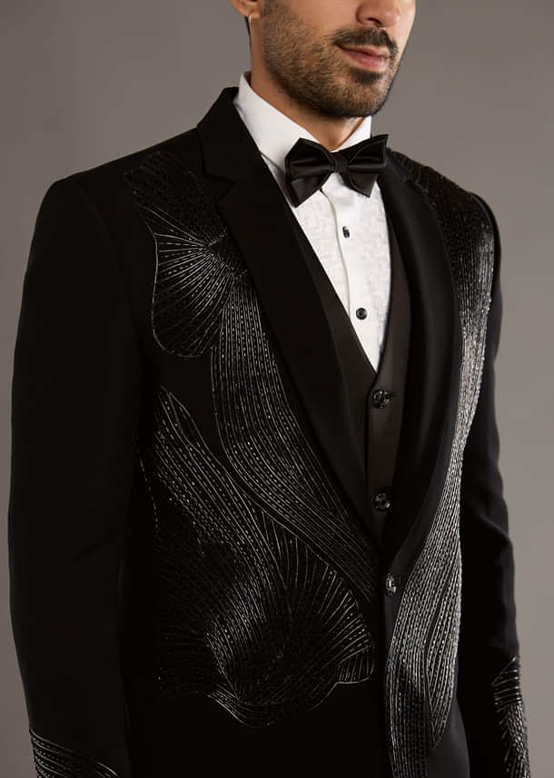 Black Tuxedo For Men With Leather And Dori Work Black Tuxedo For Men With Leather And Dori Work