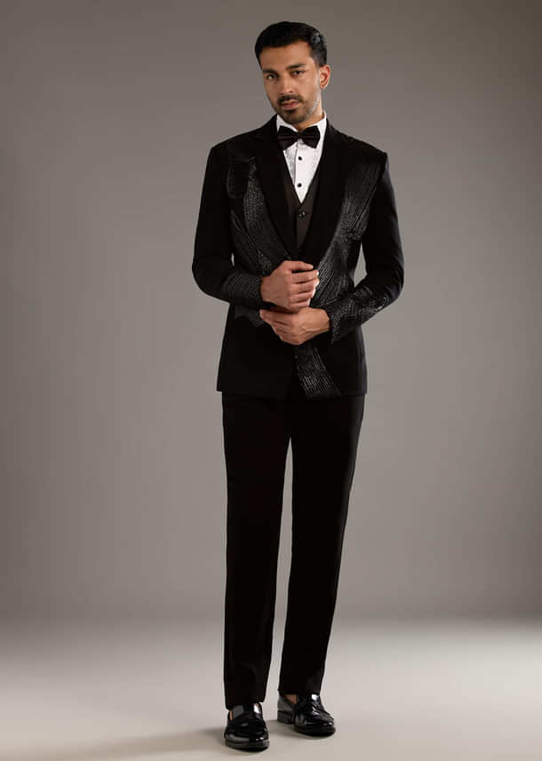Black Tuxedo For Men With Leather And Dori Work Black Tuxedo For Men With Leather And Dori Work