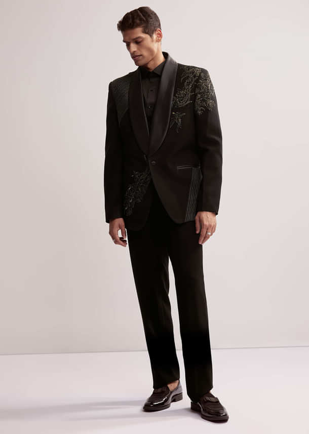 Black Tuxedo For Men With Resham Work Black Tuxedo For Men With Resham Work
