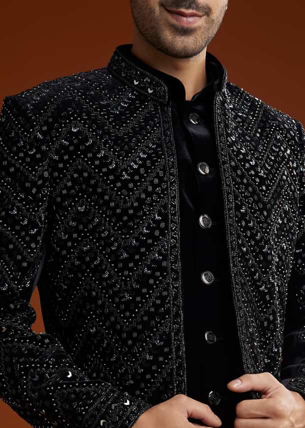 Black Velvet Embellished Indo Jacket Set