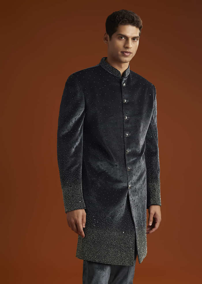 Black Velvet Indo Western Set For Men With Stone Work