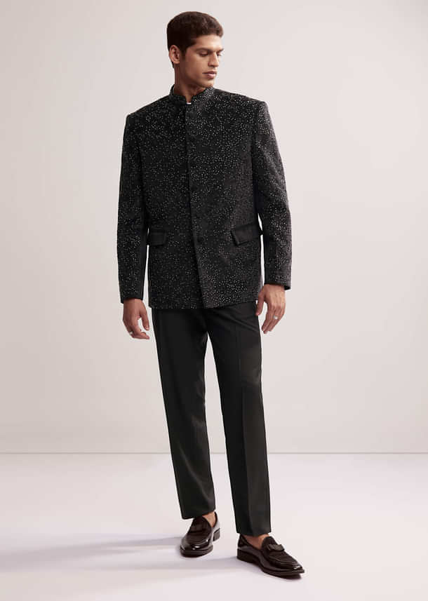 Black Velvet Jodhpuri Set For Men With Cutdana Work Black Velvet Jodhpuri Set For Men With Cutdana Work