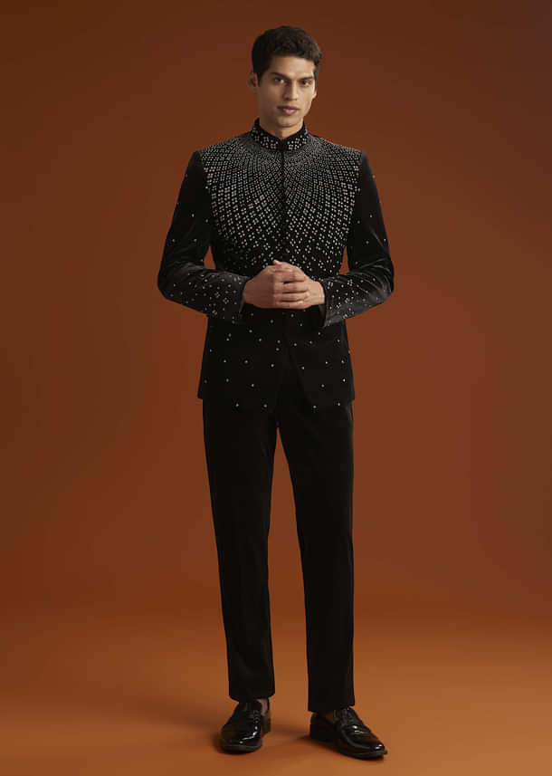 Black Velvet Jodhpuri Suit For Men With Beads Work Black Velvet Jodhpuri Suit For Men With Beads Work