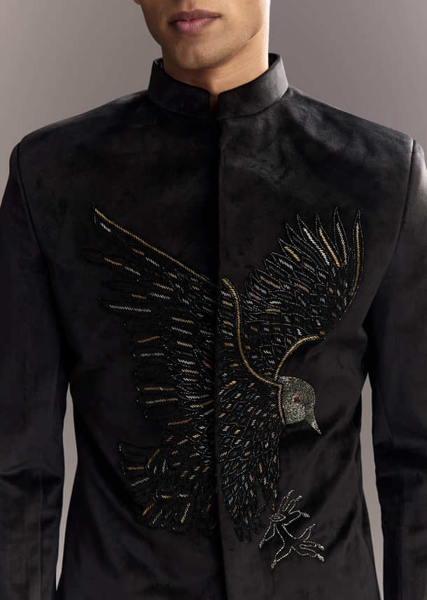 Black Velvet Jodhpuri Suit For Men With Cutdana Embroidery Black Velvet Jodhpuri Suit For Men With Cutdana Embroidery