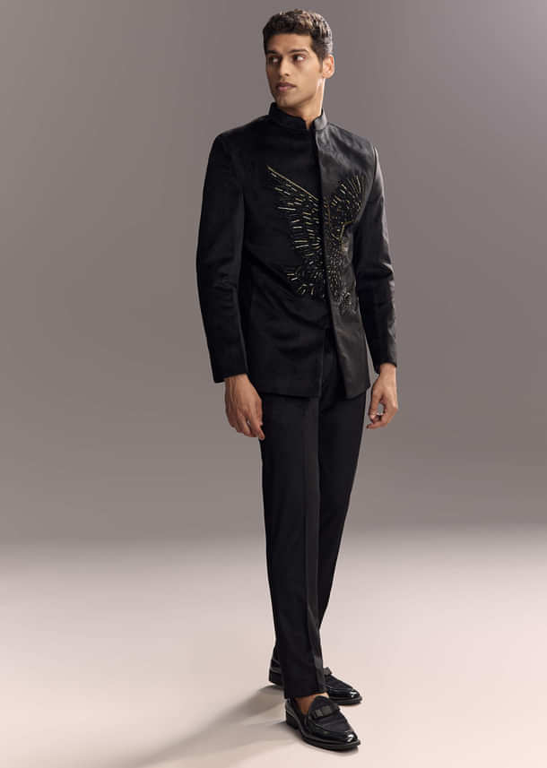 Black Velvet Jodhpuri Suit For Men With Cutdana Embroidery Black Velvet Jodhpuri Suit For Men With Cutdana Embroidery