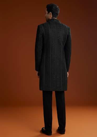 Black Velvet Open Indo Jacket Set With Cutdana Work