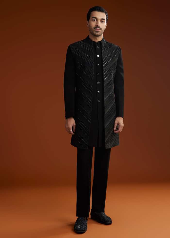 Black Velvet Open Indo Jacket Set With Embroidery