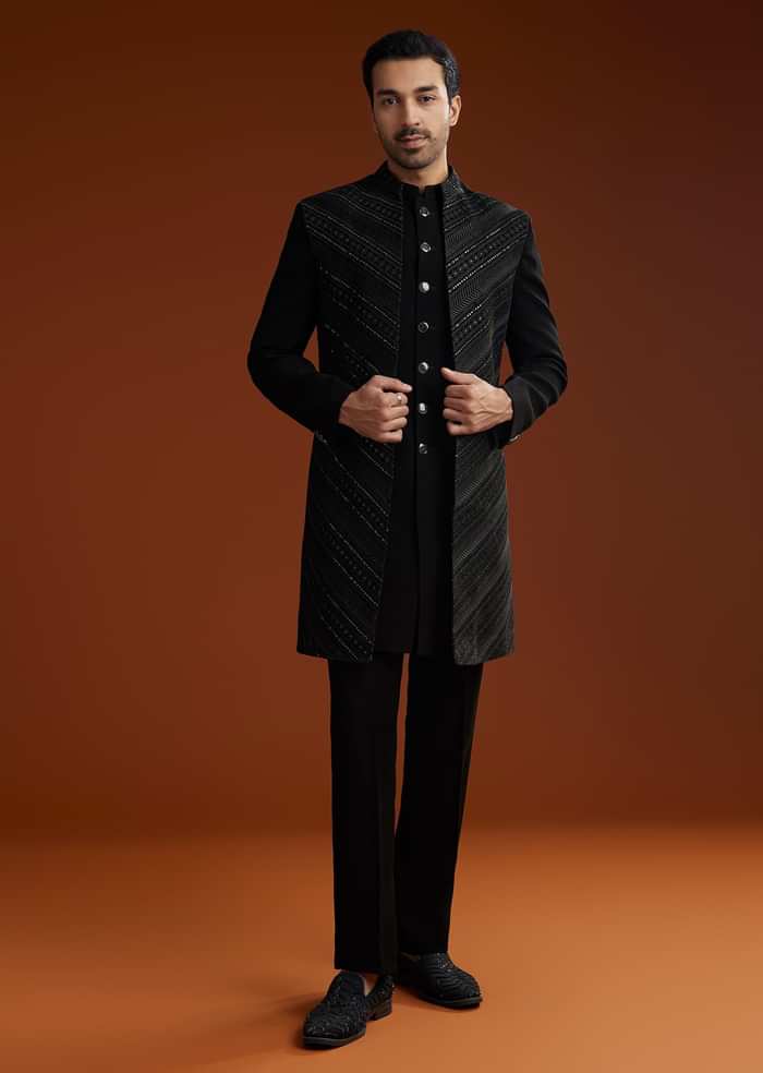 Black Velvet Open Indo Jacket Set With Embroidery