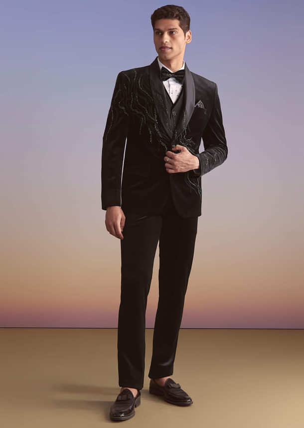 Black Velvet Tuxedo For Men With Cut Work And Beads Embroidery Black Velvet Tuxedo For Men With Cut Work And Beads Embroidery