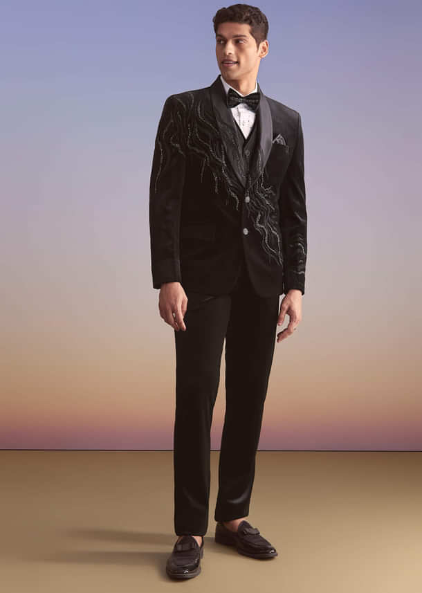 Black Velvet Tuxedo For Men With Cut Work And Beads Embroidery Black Velvet Tuxedo For Men With Cut Work And Beads Embroidery