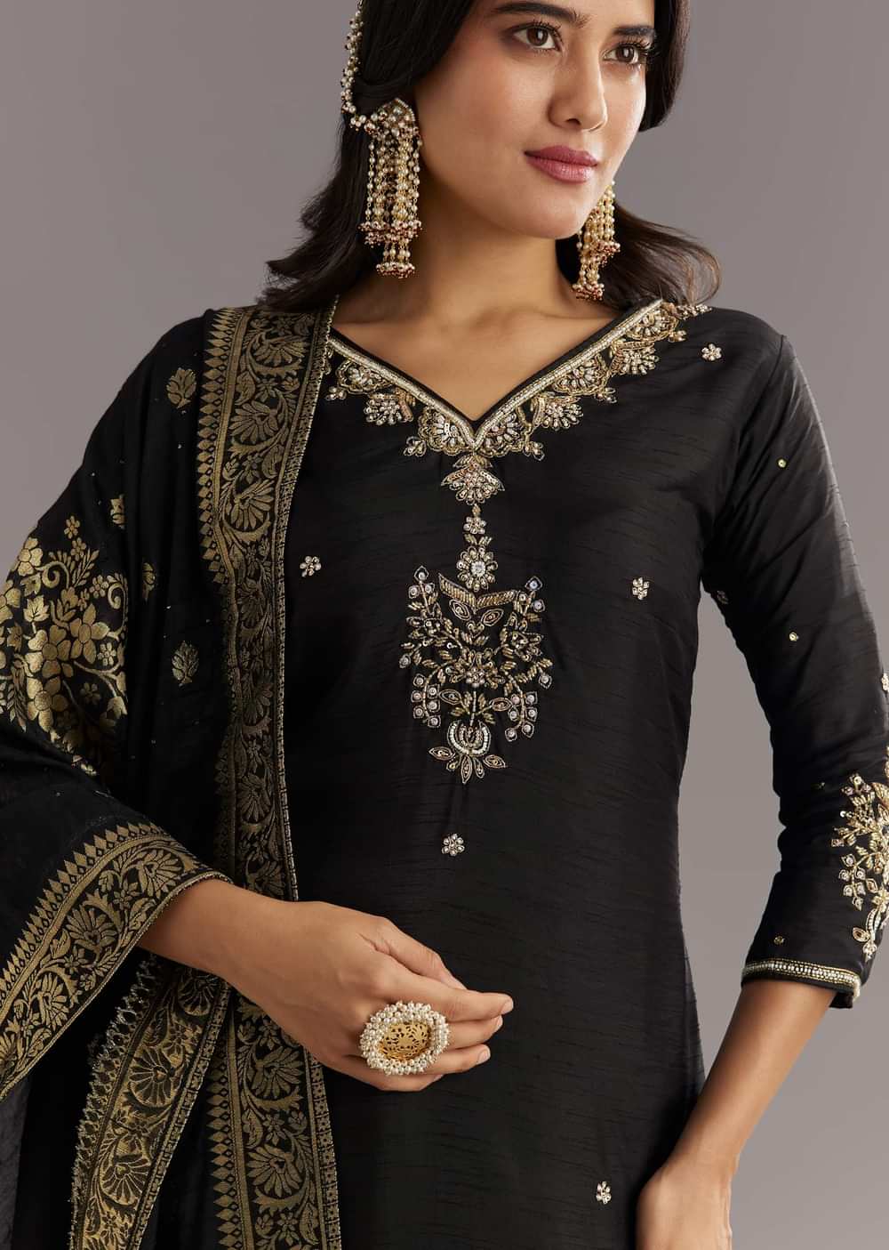 Black Viscose Silk Kurta Set With Zari Moti and Cut Dana Work