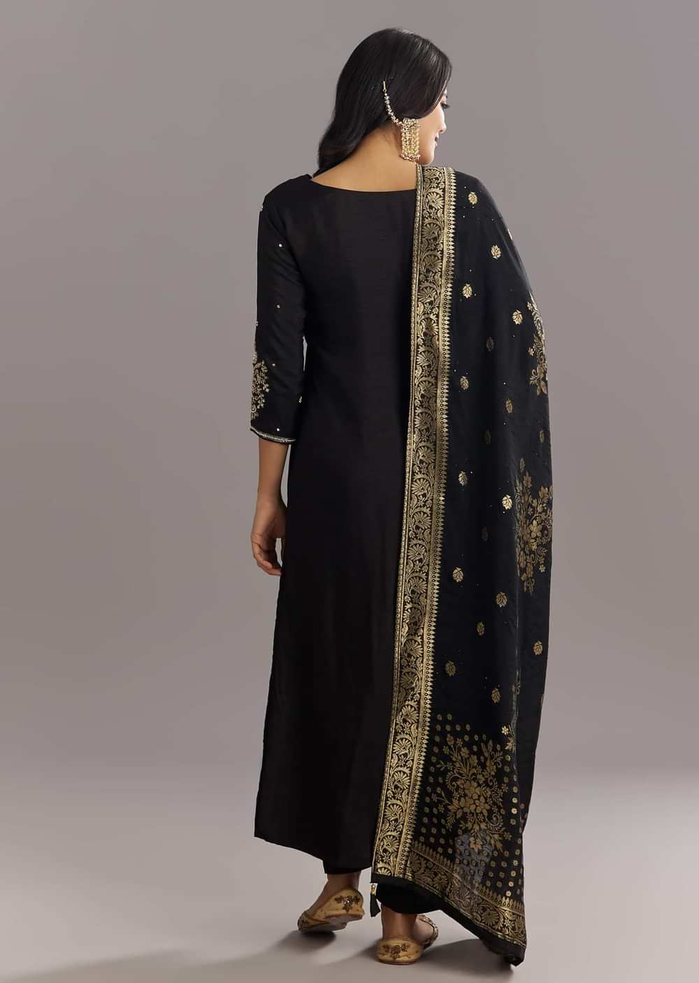 Black Viscose Silk Kurta Set With Zari Moti and Cut Dana Work
