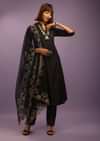 Black A Line Suit In Chanderi Cotton With Pin Tucks Detailing And A Zari Embroidered Organza Dupatta