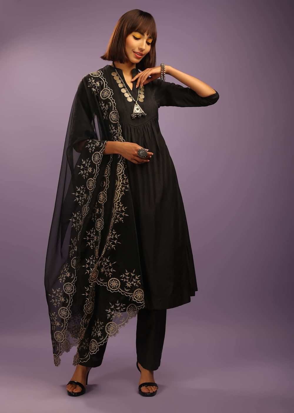 Black A Line Suit In Chanderi Cotton With Pin Tucks Detailing And A Zari Embroidered Organza Dupatta