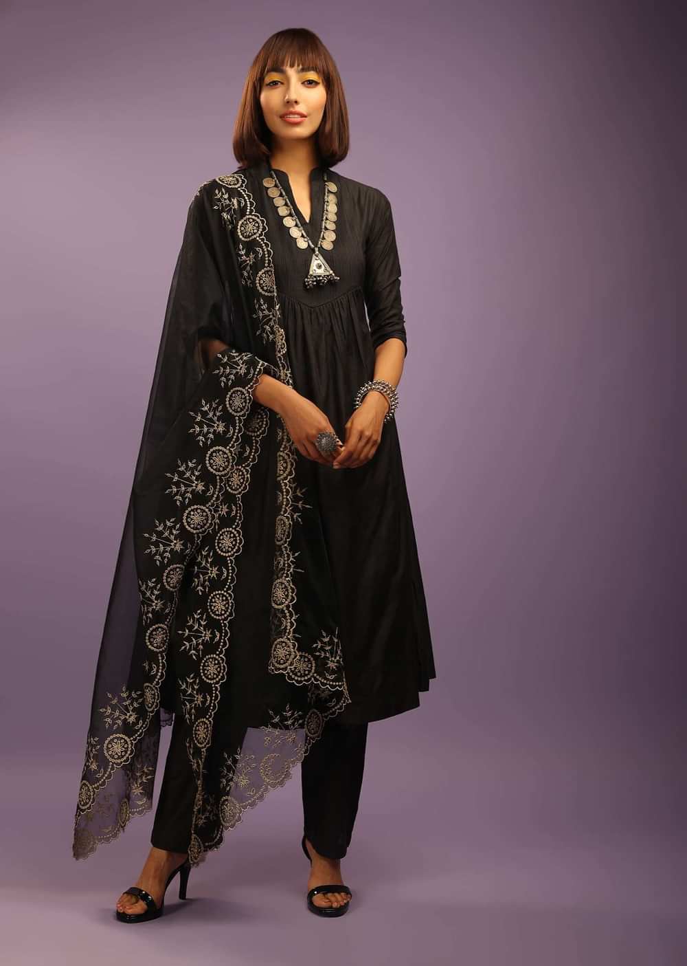 Black A Line Suit In Chanderi Cotton With Pin Tucks Detailing And A Zari Embroidered Organza Dupatta