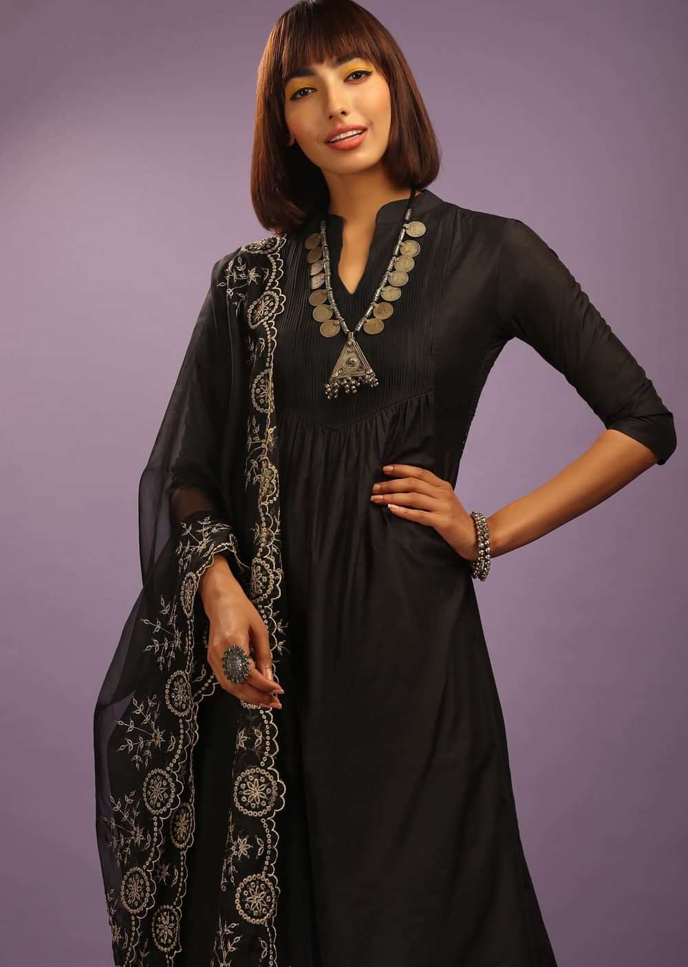 Black A Line Suit In Chanderi Cotton With Pin Tucks Detailing And A Zari Embroidered Organza Dupatta