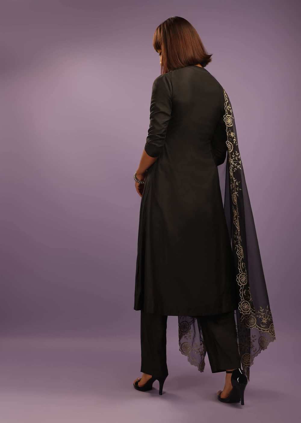 Black A Line Suit In Chanderi Cotton With Pin Tucks Detailing And A Zari Embroidered Organza Dupatta