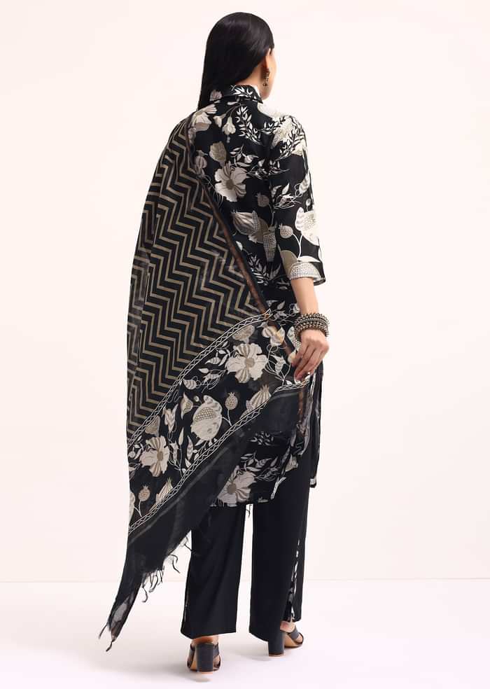 Black Abstract Printed Chanderi Kurta Palazzo Set