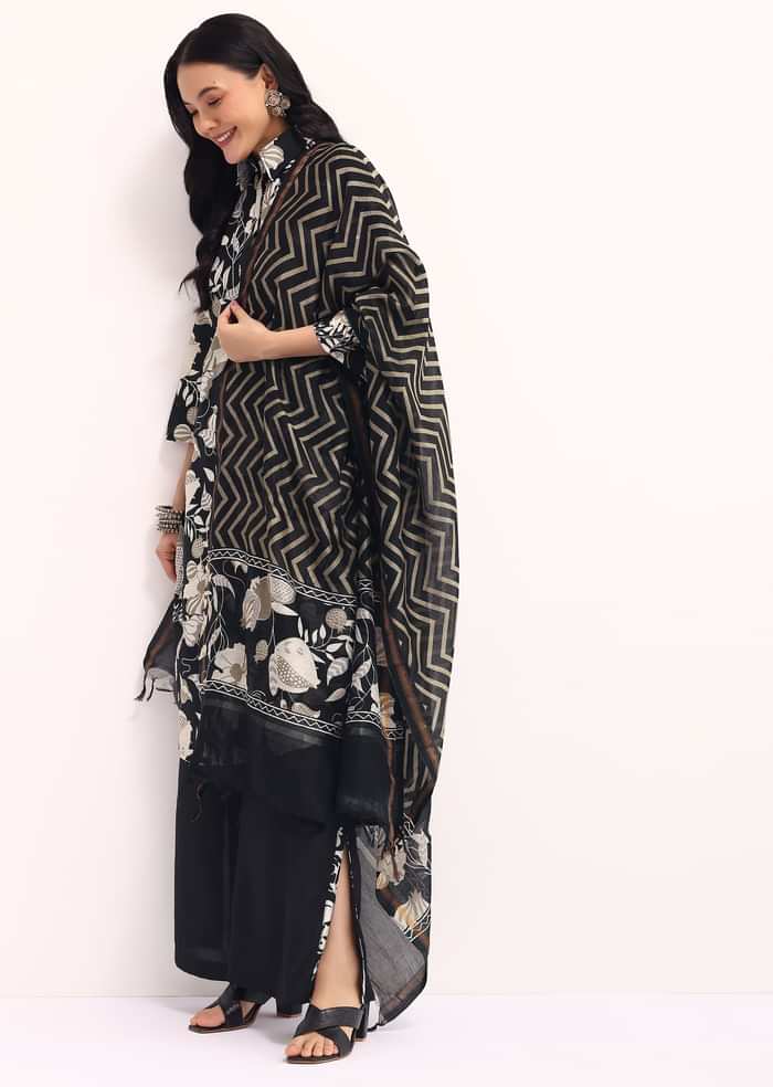 Black Abstract Printed Chanderi Kurta Palazzo Set