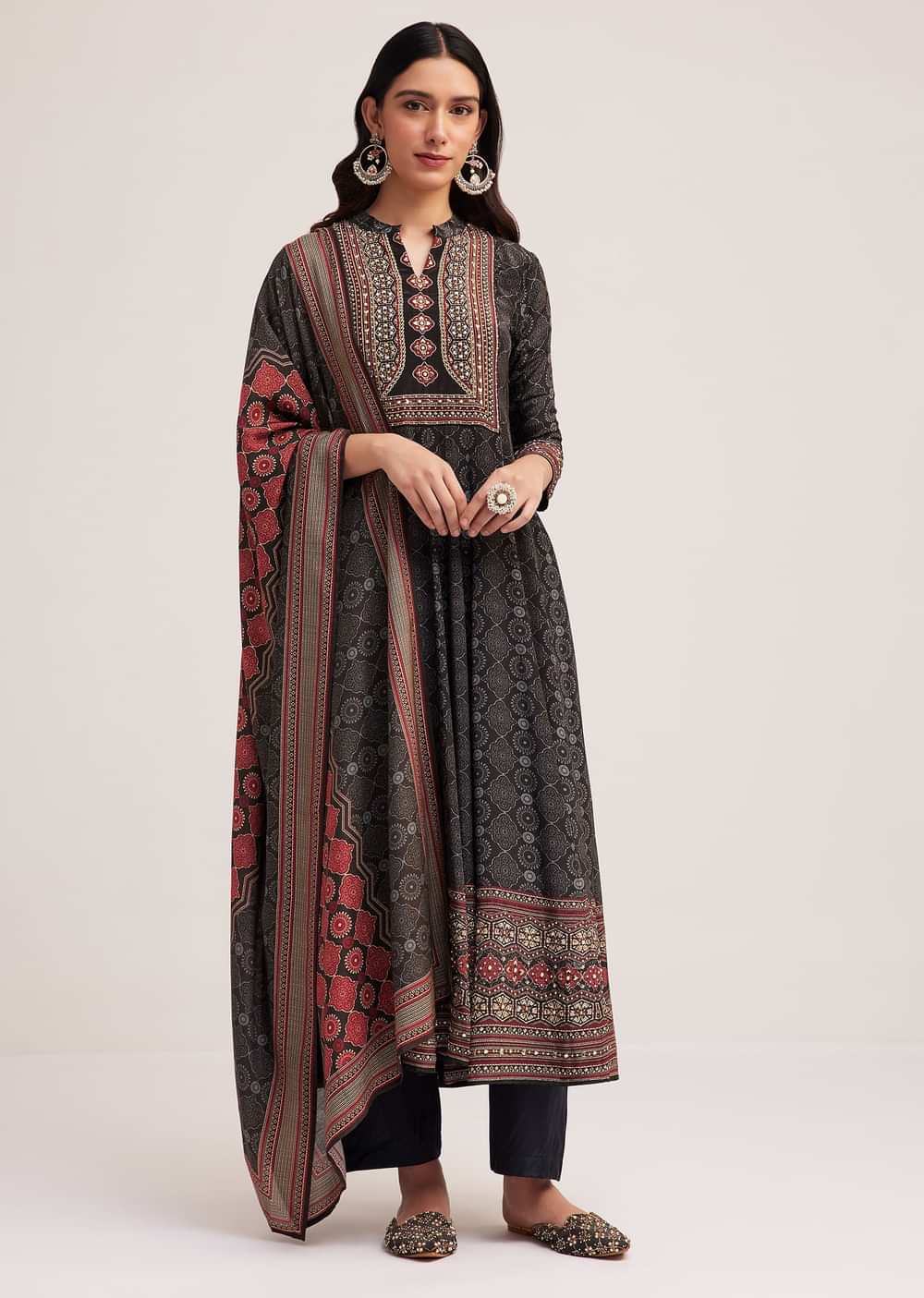 Black Ajrakh Printed Anarkali Set With Dupatta