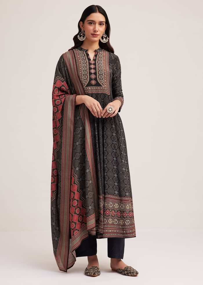 Black Ajrakh Printed Anarkali Set With Dupatta