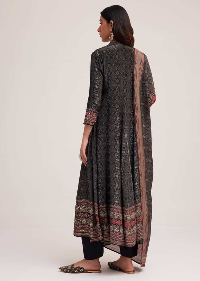 Black Ajrakh Printed Anarkali Set With Dupatta