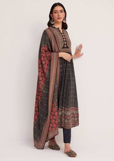Black Ajrakh Printed Anarkali Set With Dupatta
