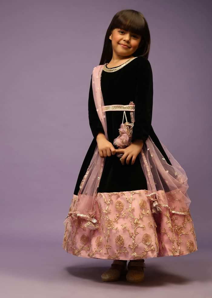 Kalki Girls Black Anarkali gown with pink border and intricate lace embroidery by fayon kids