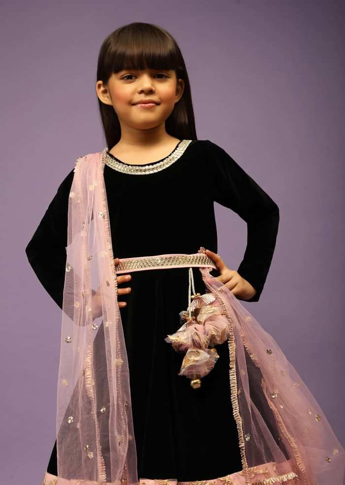 Kalki Girls Black Anarkali gown with pink border and intricate lace embroidery by fayon kids