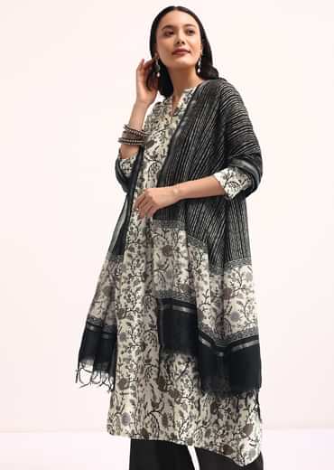 Black And Ivory Printed Chanderi Kurta Palazzo Set