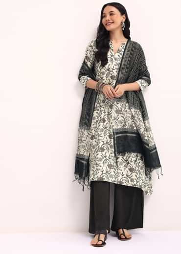 Black And Ivory Printed Chanderi Kurta Palazzo Set