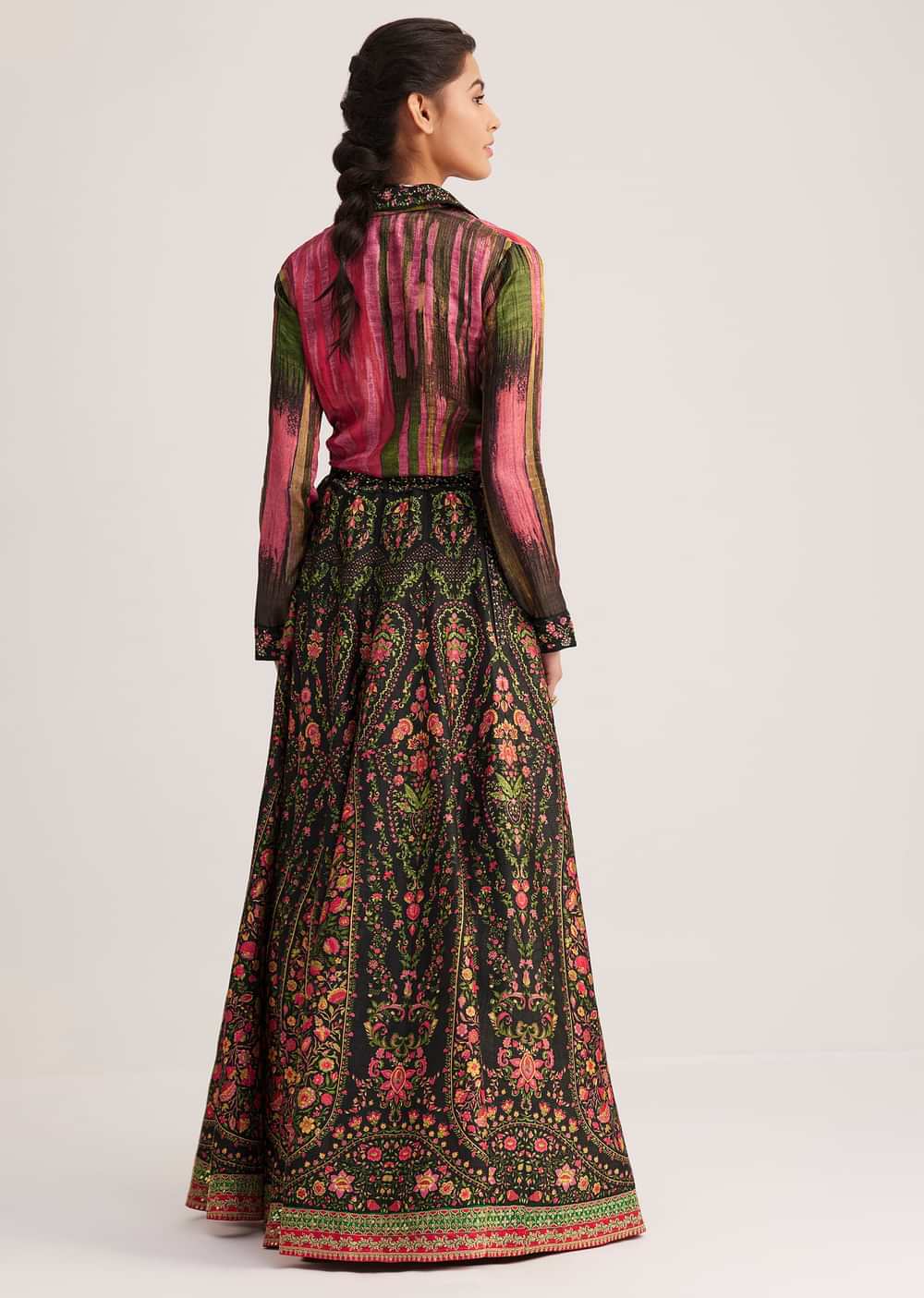Black And Pink Silk Shirt And Skirt Set