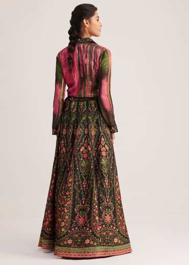 Black And Pink Silk Shirt And Skirt Set