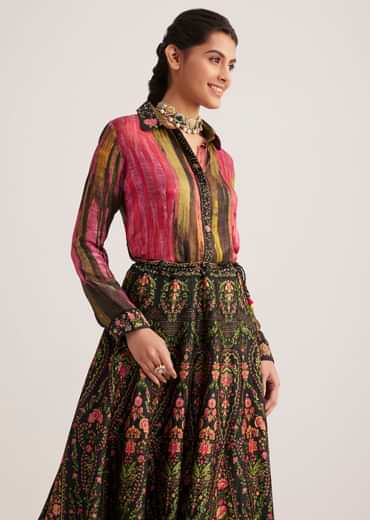 Black And Pink Silk Shirt And Skirt Set