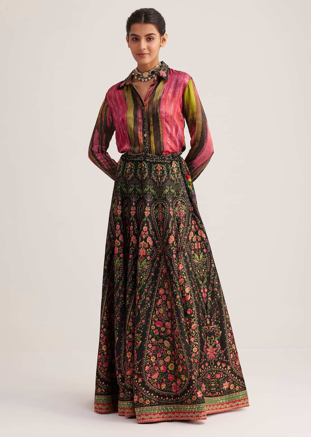 Black And Pink Silk Shirt And Skirt Set