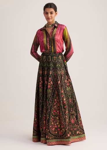 Black And Pink Silk Shirt And Skirt Set
