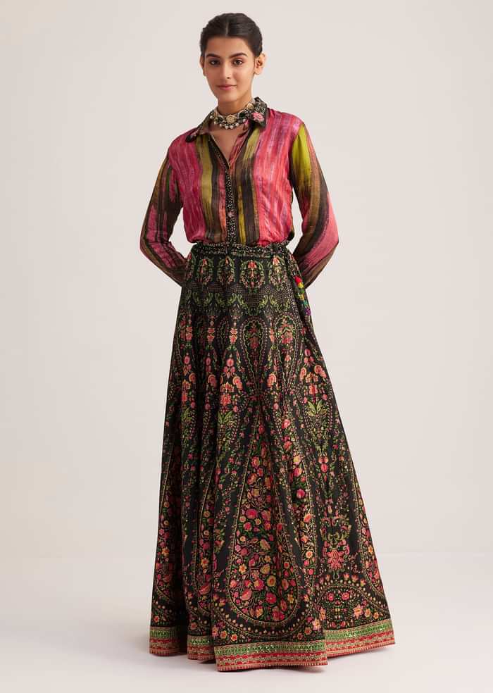 Black And Pink Silk Shirt And Skirt Set
