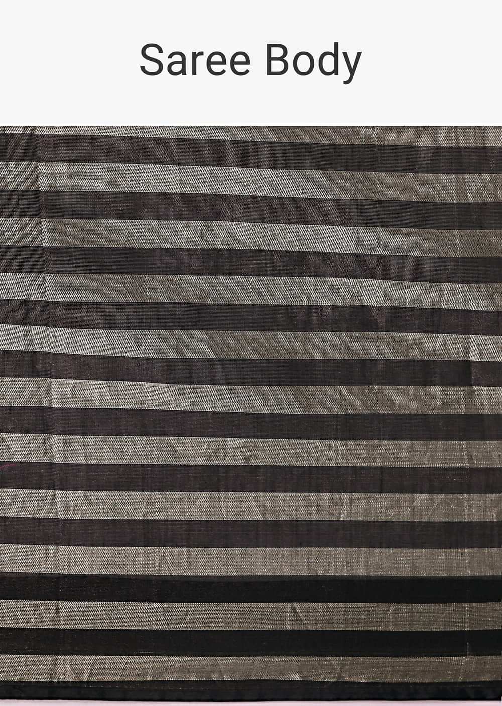 Black And Silver Half Striped Chanderi Saree And Stitched Blouse